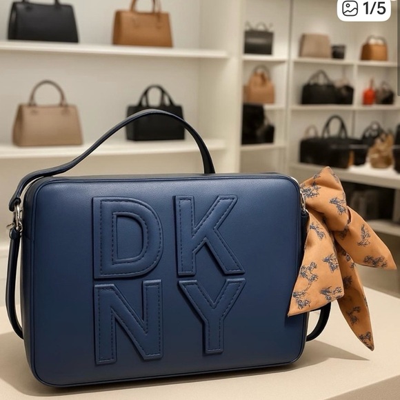 Dkny Handbags - DKNY Navy Logo Crossbody Bag – Faux Leather Shoulder Bag with Scarf Detail